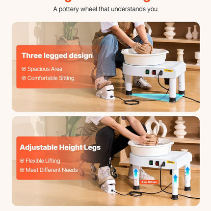 Pottery Wheel, 28 cm Ceramic Wheel Forming Machine, 60-300 RPM Speed Adjustable Foot Pedal, Adjustable Lift Leg, Detachable Basin, Complete Tool Accessory Kit for Work Art Craft DIY, White.