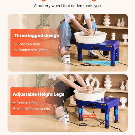 Pottery Wheel, 35 cm Ceramic Wheel Forming Machine, 60-300 RPM Speed Adjustable Foot Pedal, Adjustable Lift Leg, Detachable Basin, Complete Tool Accessory Kit for Work Art Craft DIY, Blue.