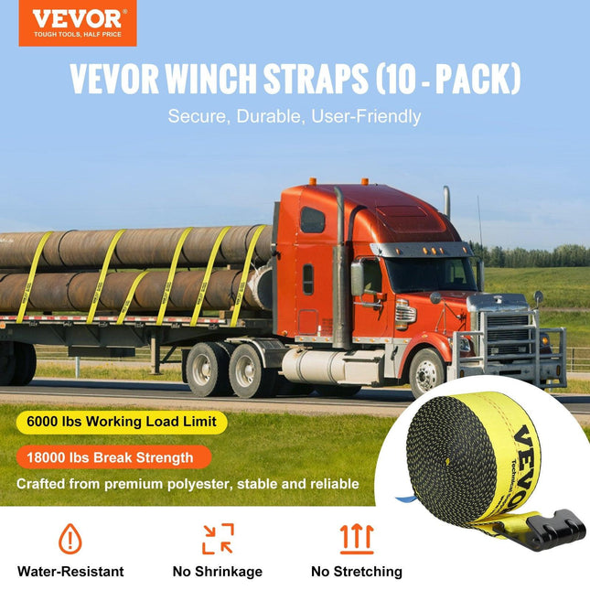 Winch Straps, 10.2 cm x 9.1 m, 2.7T Load Capacity, 8.2T Break Strength, Truck Straps with Flat Hook, Flatbed Tie Downs Cargo Control for Trailers, Farms, Rescues, Tree Saver, Yellow (10 Pack).