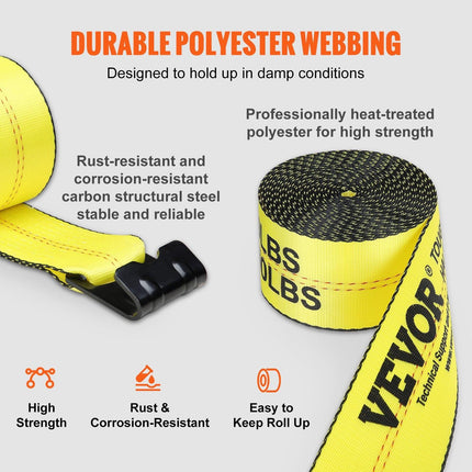 Winch Straps, 10.2 cm x 9.1 m, 2.7T Load Capacity, 8.2T Break Strength, Truck Straps with Flat Hook, Flatbed Tie Downs Cargo Control for Trailers, Farms, Rescues, Tree Saver, Yellow (10 Pack).