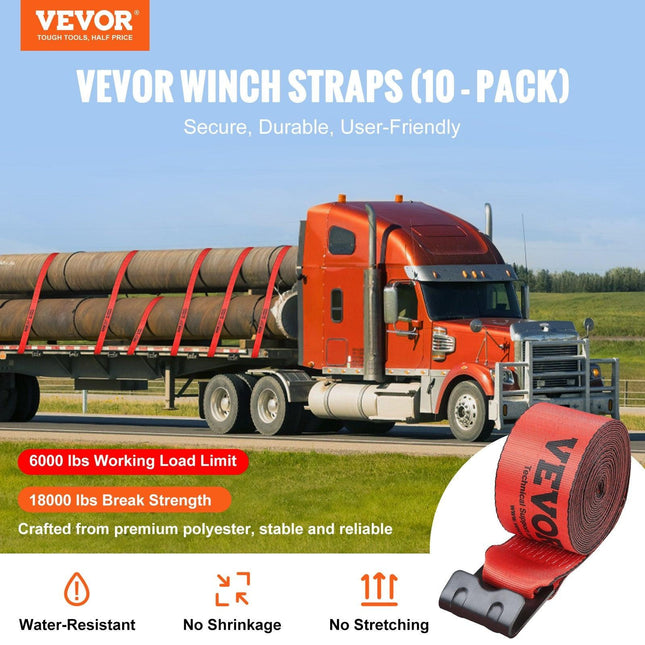 Winch Straps, 10.2 cm x 9.1 m, 2.7T Load Capacity, 8.2T Breaking Strength, Truck Straps with Flat Hook, Flatbed Tie Downs Cargo Control for Trailers, Farms, Rescues, Tree Saver, Red (10 Pack).