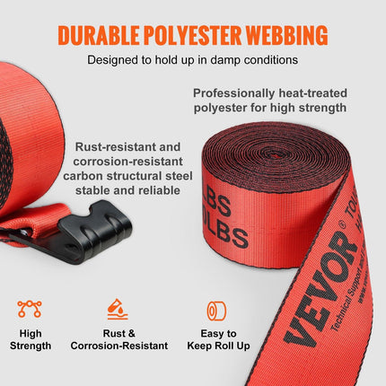 Winch Straps, 10.2 cm x 9.1 m, 2.7T Load Capacity, 8.2T Breaking Strength, Truck Straps with Flat Hook, Flatbed Tie Downs Cargo Control for Trailers, Farms, Rescues, Tree Saver, Red (10 Pack).