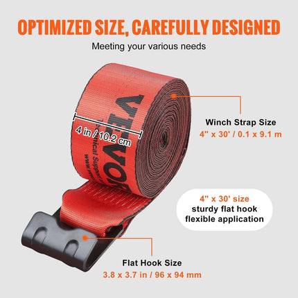 Winch Straps, 10.2 cm x 9.1 m, 2.7T Load Capacity, 8.2T Breaking Strength, Truck Straps with Flat Hook, Flatbed Tie Downs Cargo Control for Trailers, Farms, Rescues, Tree Saver, Red (10 Pack).