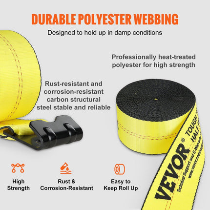 Winch Straps, 10.2 cm x 12.2 m, 2.7T Load Capacity, 8.2T Break Strength, Truck Straps with Flat Hook, Flatbed Tie Downs Cargo Control for Trailers, Farms, Rescues, Tree Saver, Yellow (10 Pack).