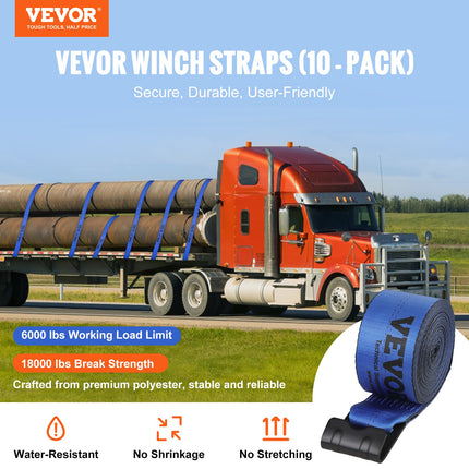 Winch Straps, 10.2 cm x 9.1 m, 2.7T Load Capacity, 8.2T Breaking Strength, Truck Straps with Flat Hook, Flatbed Tie Downs Cargo Control for Trailers, Farms, Rescues, Tree Saver, Blue (10 Pack).