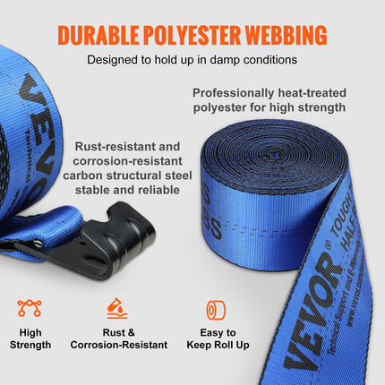 Winch Straps, 10.2 cm x 9.1 m, 2.7T Load Capacity, 8.2T Breaking Strength, Truck Straps with Flat Hook, Flatbed Tie Downs Cargo Control for Trailers, Farms, Rescues, Tree Saver, Blue (10 Pack).