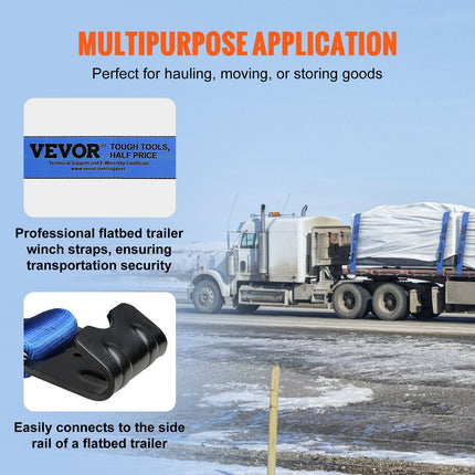 Winch Straps, 10.2 cm x 9.1 m, 2.7T Load Capacity, 8.2T Breaking Strength, Truck Straps with Flat Hook, Flatbed Tie Downs Cargo Control for Trailers, Farms, Rescues, Tree Saver, Blue (10 Pack).
