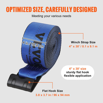 Winch Straps, 10.2 cm x 9.1 m, 2.7T Load Capacity, 8.2T Breaking Strength, Truck Straps with Flat Hook, Flatbed Tie Downs Cargo Control for Trailers, Farms, Rescues, Tree Saver, Blue (10 Pack).