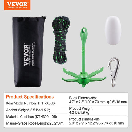 Kayak Anchor Kit, 3.5 lb Paddle Board Anchor Kit with 26.2 ft/8 m Rope and Buoy, Folding Small Boat Anchor with Storage Bag and Snap Hook, Kayak Accessories for Kayaks, Small Boats, Canoes.