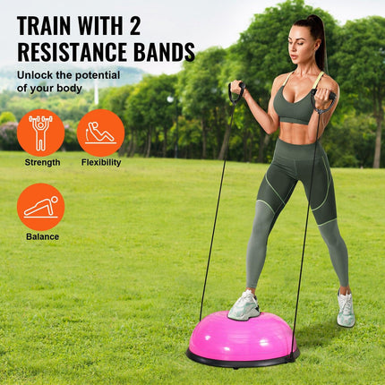 Half Exercise Ball Trainer, 23 inch Balance Ball Trainer, 660lbs Capacity Stability Ball, Yoga Ball with Resistance Bands & Foot Pump, Strength Fitness Ball for Home Gym, Full Body Workout, Pink.