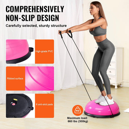 Half Exercise Ball Trainer, 23 inch Balance Ball Trainer, 660lbs Capacity Stability Ball, Yoga Ball with Resistance Bands & Foot Pump, Strength Fitness Ball for Home Gym, Full Body Workout, Pink.
