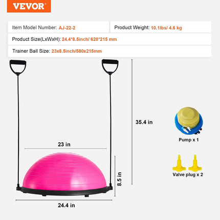 Half Exercise Ball Trainer, 23 inch Balance Ball Trainer, 660lbs Capacity Stability Ball, Yoga Ball with Resistance Bands & Foot Pump, Strength Fitness Ball for Home Gym, Full Body Workout, Pink.