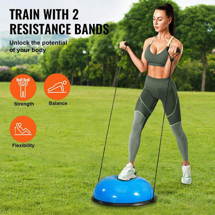 Half Exercise Ball Trainer, 23 inch Balance Ball Trainer, 660lbs Capacity Stability Ball, Yoga Ball with Resistance Bands & Foot Pump, Strength Fitness Ball for Home Gym, Full Body Workout, Blue.