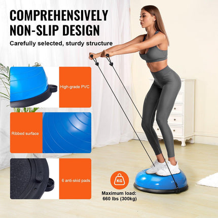 Half Exercise Ball Trainer, 23 inch Balance Ball Trainer, 660lbs Capacity Stability Ball, Yoga Ball with Resistance Bands & Foot Pump, Strength Fitness Ball for Home Gym, Full Body Workout, Blue.