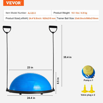 Half Exercise Ball Trainer, 23 inch Balance Ball Trainer, 660lbs Capacity Stability Ball, Yoga Ball with Resistance Bands & Foot Pump, Strength Fitness Ball for Home Gym, Full Body Workout, Blue.