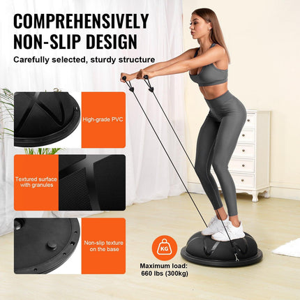 Half Exercise Ball Trainer, 23 inch Balance Ball Trainer, 660 lbs Capacity Stability Ball, Yoga Ball with Resistance Bands and Pump, Strength Fitness Ball for Home Gym, Full Body Workouts, Black.