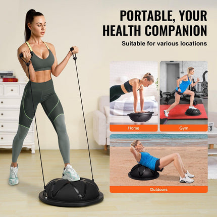 Half Exercise Ball Trainer, 23 inch Balance Ball Trainer, 660 lbs Capacity Stability Ball, Yoga Ball with Resistance Bands and Pump, Strength Fitness Ball for Home Gym, Full Body Workouts, Black.