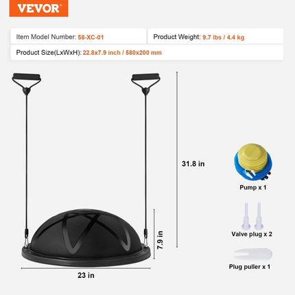Half Exercise Ball Trainer, 23 inch Balance Ball Trainer, 660 lbs Capacity Stability Ball, Yoga Ball with Resistance Bands and Pump, Strength Fitness Ball for Home Gym, Full Body Workouts, Black.