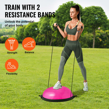 Half Exercise Ball Trainer, 26 inch Balance Ball Trainer, 1500lbs Capacity Stability Ball, Yoga Ball with Resistance Bands & Foot Pump, Strength Fitness Ball for Home Gym Full Body Workout, Pink.