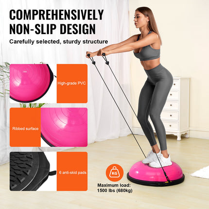 Half Exercise Ball Trainer, 26 inch Balance Ball Trainer, 1500lbs Capacity Stability Ball, Yoga Ball with Resistance Bands & Foot Pump, Strength Fitness Ball for Home Gym Full Body Workout, Pink.