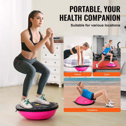Half Exercise Ball Trainer, 26 inch Balance Ball Trainer, 1500lbs Capacity Stability Ball, Yoga Ball with Resistance Bands & Foot Pump, Strength Fitness Ball for Home Gym Full Body Workout, Pink.