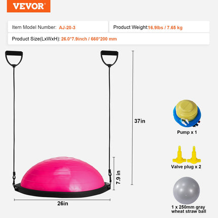 Half Exercise Ball Trainer, 26 inch Balance Ball Trainer, 1500lbs Capacity Stability Ball, Yoga Ball with Resistance Bands & Foot Pump, Strength Fitness Ball for Home Gym Full Body Workout, Pink.