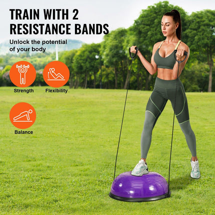 Half Exercise Ball Trainer, 23 inch Balance Ball Trainer, 660lbs Stability Ball, Yoga Ball with Resistance Bands & Foot Pump, Strength Fitness Ball for Home Gym, Full Body Workout, Purple.