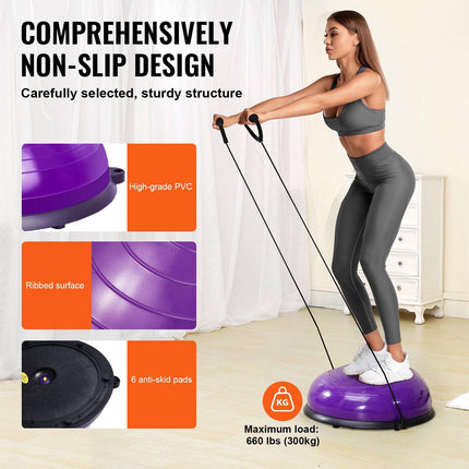 Half Exercise Ball Trainer, 23 inch Balance Ball Trainer, 660lbs Stability Ball, Yoga Ball with Resistance Bands & Foot Pump, Strength Fitness Ball for Home Gym, Full Body Workout, Purple.