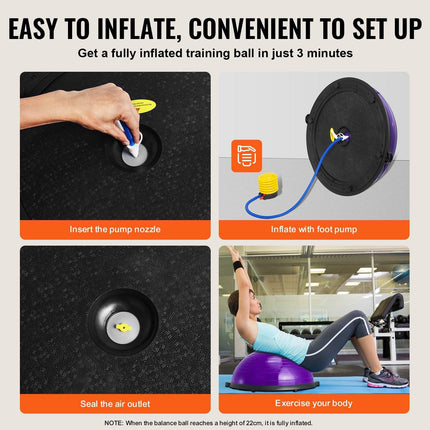 Half Exercise Ball Trainer, 23 inch Balance Ball Trainer, 660lbs Stability Ball, Yoga Ball with Resistance Bands & Foot Pump, Strength Fitness Ball for Home Gym, Full Body Workout, Purple.
