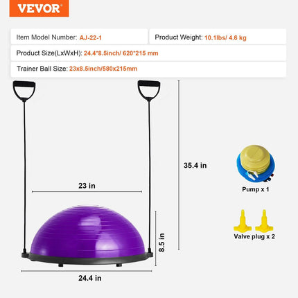 Half Exercise Ball Trainer, 23 inch Balance Ball Trainer, 660lbs Stability Ball, Yoga Ball with Resistance Bands & Foot Pump, Strength Fitness Ball for Home Gym, Full Body Workout, Purple.