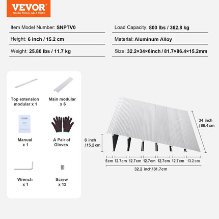 Door Threshold Ramp, 6" Rise, 800 lbs Load Capacity, Door Ramp for Wheelchairs, Aluminum Threshold Ramp for Doorways, Adjustable Modular Threshold Ramp for Wheelchairs, Scooters, Power Chairs.