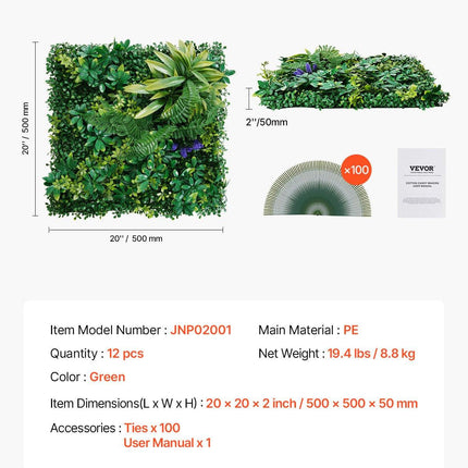 Artificial Grass Wall Panels, 12 PCS 20 x 20 inch, 3D Combination Greenery Boxwood Panel for Indoor Outdoor Green Decor & Ivy Fence Covering, Privacy Backdrop Wall Hedge Screen for Garden.