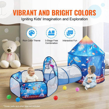 3 in 1 Kids Play Tent with Tunnel for Boys, Girls, Babies and Toddlers, Indoor/Outdoor Pop Up Playhouse with Carrying Bag & Banding Straps Birthday Gifts, Royal Blue Color Rocket Theme.
