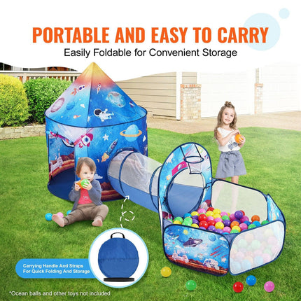 3 in 1 Kids Play Tent with Tunnel for Boys, Girls, Babies and Toddlers, Indoor/Outdoor Pop Up Playhouse with Carrying Bag & Banding Straps Birthday Gifts, Royal Blue Color Rocket Theme.
