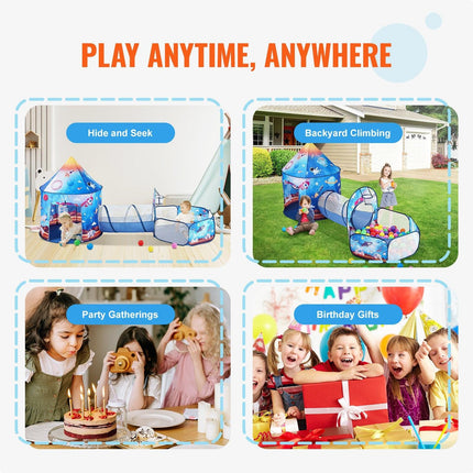 3 in 1 Kids Play Tent with Tunnel for Boys, Girls, Babies and Toddlers, Indoor/Outdoor Pop Up Playhouse with Carrying Bag & Banding Straps Birthday Gifts, Royal Blue Color Rocket Theme.
