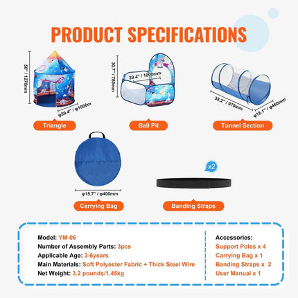 3 in 1 Kids Play Tent with Tunnel for Boys, Girls, Babies and Toddlers, Indoor/Outdoor Pop Up Playhouse with Carrying Bag & Banding Straps Birthday Gifts, Royal Blue Color Rocket Theme.