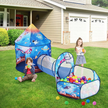 3 in 1 Kids Play Tent with Tunnel for Boys, Girls, Babies and Toddlers, Indoor/Outdoor Pop Up Playhouse with Carrying Bag & Banding Straps Birthday Gifts, Royal Blue Color Rocket Theme.