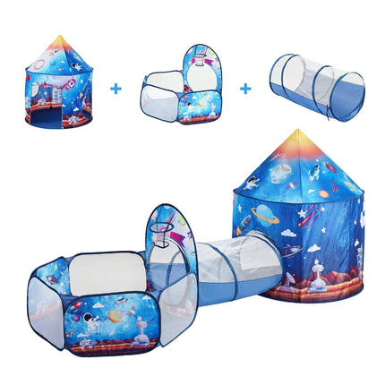 3 in 1 Kids Play Tent with Tunnel for Boys, Girls, Babies and Toddlers, Indoor/Outdoor Pop Up Playhouse with Carrying Bag & Banding Straps Birthday Gifts, Royal Blue Color Rocket Theme.