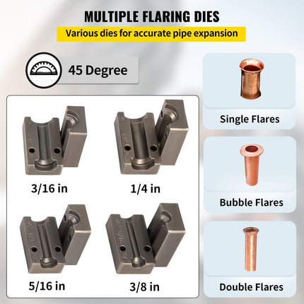 Brake Line Flaring Tool, 45 Degree Single, Double, and Bubble Flares for 3/16", 1/4", 5/16" and 3/8" Tube Size, Suitable for Soft Metal of Copper Lines.