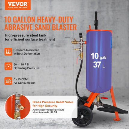 10 Gallon Heavy-Duty Sand Blaster, 60-110 PSI High Pressure Sandblaster, Portable Abrasive Blasting Tank, Air Sand Blasting Kit with 2 Ceramic Nozzles & 7.5ft Hose for Stain, Rust, Paint Removal.