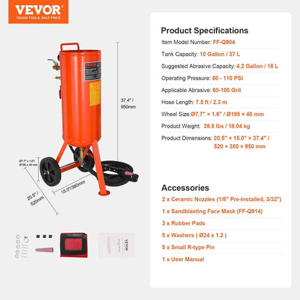10 Gallon Heavy-Duty Sand Blaster, 60-110 PSI High Pressure Sandblaster, Portable Abrasive Blasting Tank, Air Sand Blasting Kit with 2 Ceramic Nozzles & 7.5ft Hose for Stain, Rust, Paint Removal.