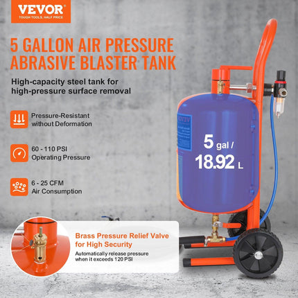 5 Gallon Sand Blaster 60-110 PSI High Pressure Sandblaster with 4 Nozzles.