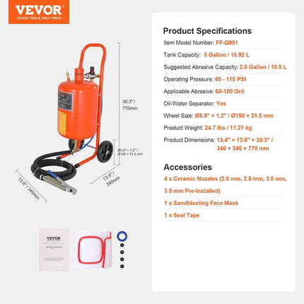 5 Gallon Sand Blaster 60-110 PSI High Pressure Sandblaster with 4 Nozzles.