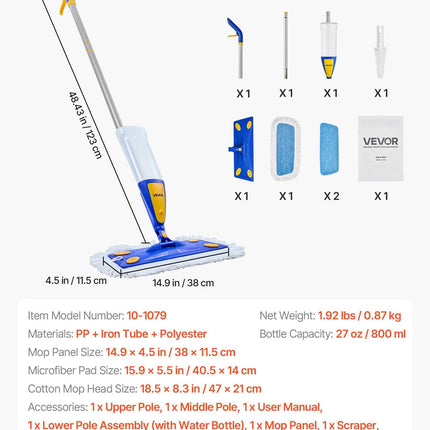 Spray Mop, with 3 Washable Pads for Dry and Wet Floor Cleaning & an 800ml Refillable Water Tank, Microfiber Dust Wet Mop & Twisted Cotton Dry Mop, Commercial Home Use for Tiles/Vinyl/Wood Floor.