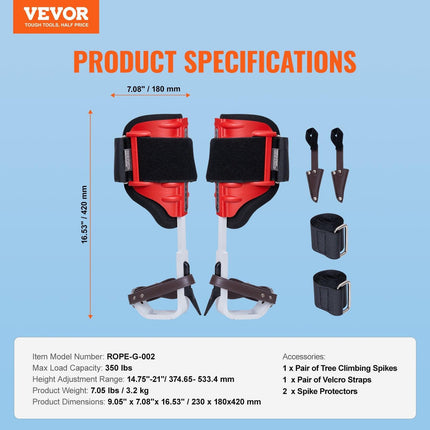 Tree Climbing Spikes, 1 Pair Aluminum Climbing Spurs, 350lbs Load Capacity Tree Climbing Gear with Straps and Spike Protectors, Arborist Equipment for Climbers, Hunting, Fruit Picking, Red.