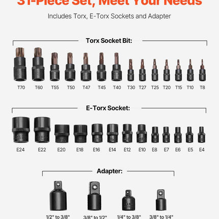 Torx Bit Socket and External Torx Socket Set 31-Piece T8-T70 and E4-E24 Steel.