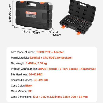Torx Bit Socket and External Torx Socket Set 31-Piece T8-T70 and E4-E24 Steel.