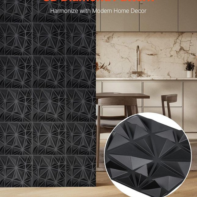 3D Wall Panels, 33-Pack 30 x 30 cm PVC Modern Art Minimalist Diamond Tiles, 2.97 m² Coverage Accent Wall Panel, Interior Home Decor for Ceiling, Bedroom, Living Room, Gaming Room, Matte Black.