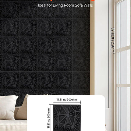 3D Wall Panels, 33-Pack 30 x 30 cm PVC Modern Art Minimalist Diamond Tiles, 2.97 m² Coverage Accent Wall Panel, Interior Home Decor for Ceiling, Bedroom, Living Room, Gaming Room, Matte Black.