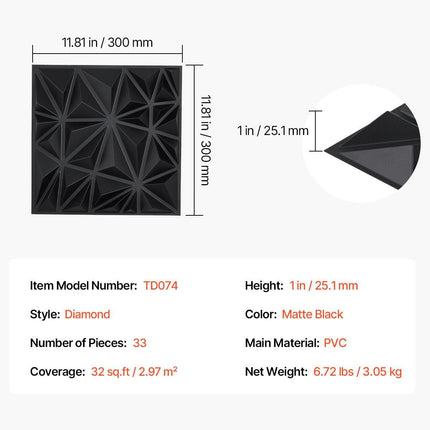3D Wall Panels, 33-Pack 30 x 30 cm PVC Modern Art Minimalist Diamond Tiles, 2.97 m² Coverage Accent Wall Panel, Interior Home Decor for Ceiling, Bedroom, Living Room, Gaming Room, Matte Black.